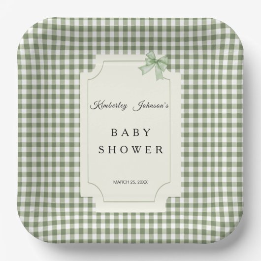 Sage Green Gingham Baby Dusche Einladung mit Bow Pappteller (Vorderseite)