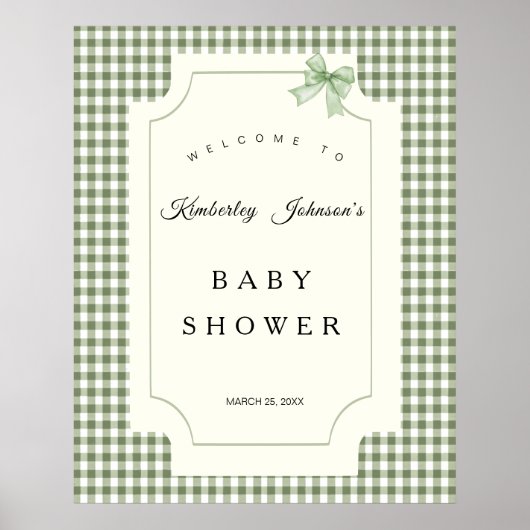 Sage Green Gingham Baby Dusche Einladung mit Bow Poster (Vorne)