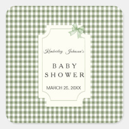Sage Green Gingham Baby Dusche Einladung mit Bow Quadratischer Aufkleber