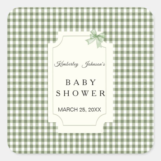 Sage Green Gingham Baby Dusche Einladung mit Bow Quadratischer Aufkleber (Vorderseite)