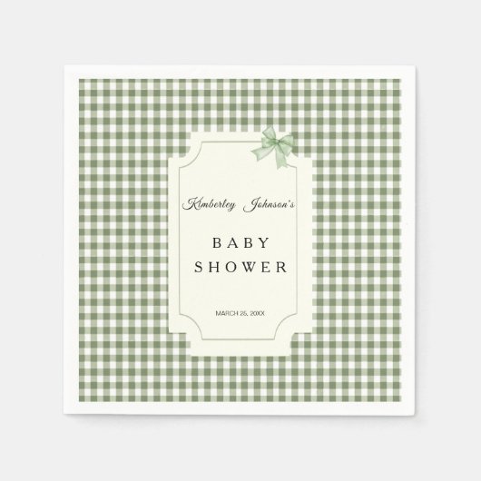 Sage Green Gingham Baby Dusche Einladung mit Bow Serviette (Vorderseite)