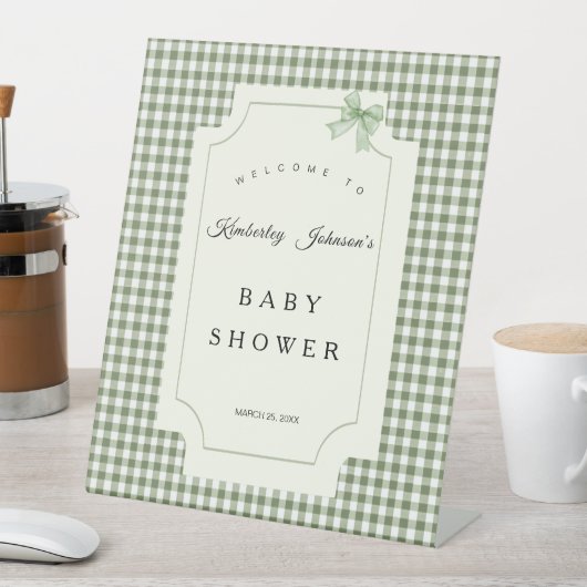 Sage Green Gingham Baby Dusche Einladung mit Bow Sockelschild (In Situ)