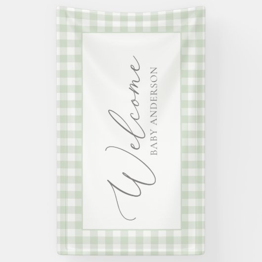 Sage Green Gingham Baby Dusche Willkommen Banner (Vertikal)