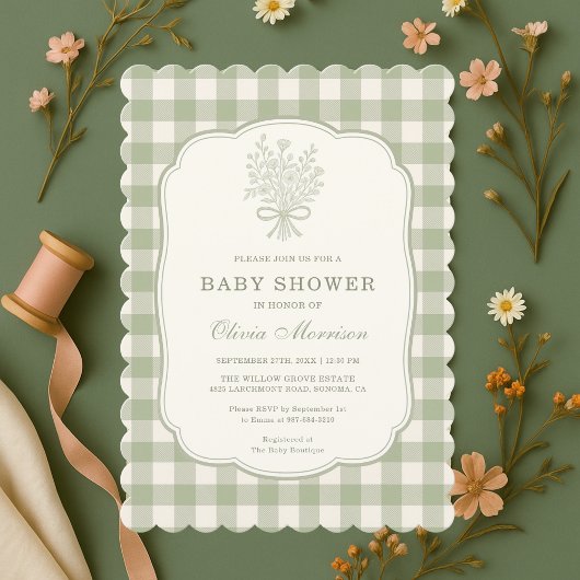 Sage Green Gingham Baby Shower Einladung