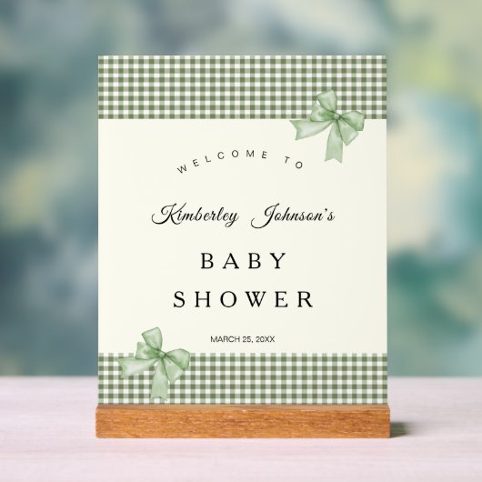 Sage Green Gingham Baby Shower Einladung & Bows Acrylschild (Neutral)