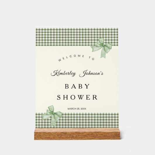 Sage Green Gingham Baby Shower Einladung & Bows Acrylschild (Vorderseite)