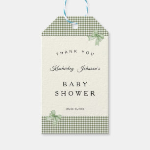 Sage Green Gingham Baby Shower Einladung & Bows Geschenkanhänger
