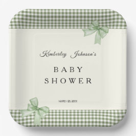 Sage Green Gingham Baby Shower Einladung & Bows Pappteller