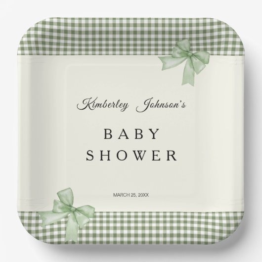 Sage Green Gingham Baby Shower Einladung & Bows Pappteller (Vorderseite)