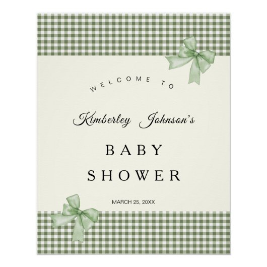 Sage Green Gingham Baby Shower Einladung & Bows Poster (Vorderseite)