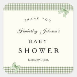 Sage Green Gingham Baby Shower Einladung & Bows Quadratischer Aufkleber