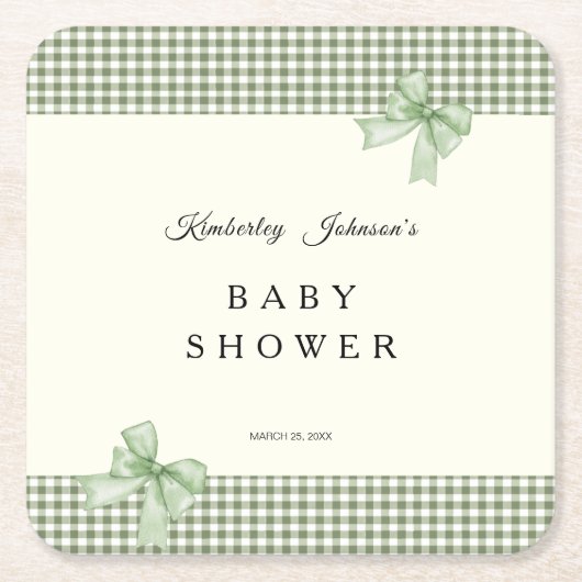 Sage Green Gingham Baby Shower Einladung & Bows Rechteckiger Pappuntersetzer (Vorderseite)