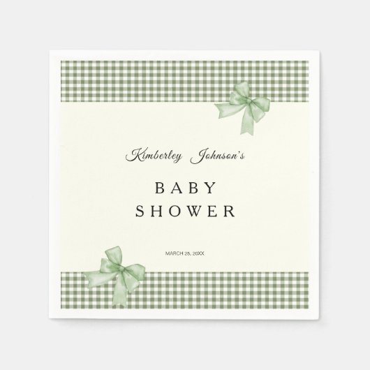 Sage Green Gingham Baby Shower Einladung & Bows Serviette (Vorderseite)