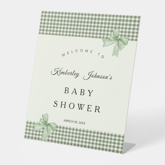 Sage Green Gingham Baby Shower Einladung & Bows Sockelschild (Vorderseite)