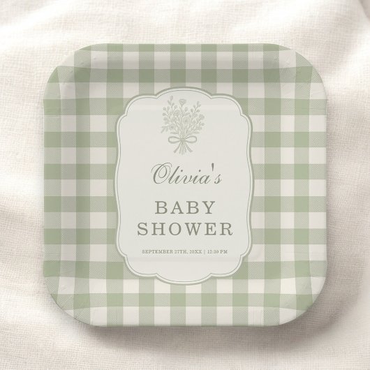 Sage Green Gingham Baby Shower Party Pappteller