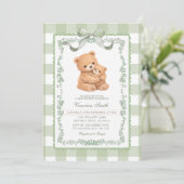 Sage Green Gingham Bear Mom & Baby  Einladung (Stehend Vorderseite)