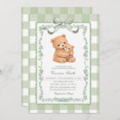 Sage Green Gingham Bear Mom & Baby  Einladung (Vorne/Hinten)