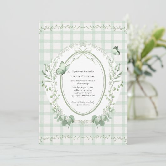 Sage Green Gingham Botanical Wedding | Einladung (Stehend Vorderseite)
