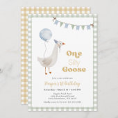 Sage Green Gingham Boy Ein Albernes Gänse Geburtst Einladung (Vorne/Hinten)