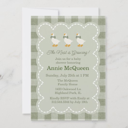 Sage Green Gingham Buffalo Check Goose Baby Shower Einladung (Vorderseite)
