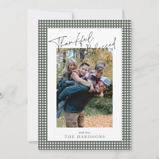 Sage Green Gingham Dankbarkeit und gesegneter Ernt Einladung (Vorderseite)