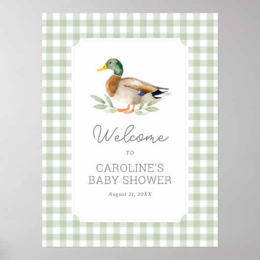 Sage Green Gingham Duck Baby Duck Begrüßungszeiche Poster (Vorne)