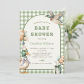 Sage Green Gingham Duck Baby Shower Einladung (Stehend Vorderseite)