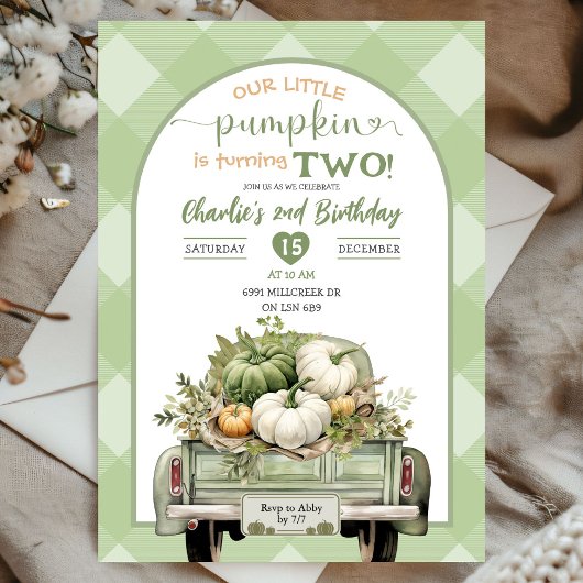 Sage Green Gingham Fall Pumpkin-Thema Geburtstag Einladung