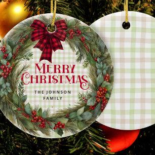Sage Green Gingham Farmhouse Weihnachtsfeier Keramik Ornament