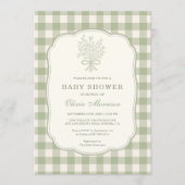 Sage Green Gingham Floral Bow Baby Shower Einladung (Vorderseite)