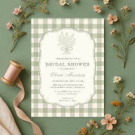 Sage Green Gingham Floral Bow Bridal Shower Einladung