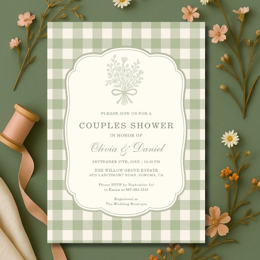 Sage Green Gingham Floral Bow Couples Shower Einladung