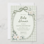 Sage Green Gingham Floral Garden Baby Shower Einladung (Vorderseite)