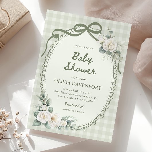 Sage Green Gingham Floral Garden Baby Shower Einladung