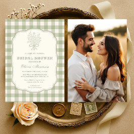 Sage Green Gingham Floral Photo Bridal Shower Einladung