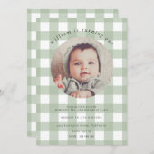 Sage Green Gingham Foto Birthday Einladung (Vorne/Hinten)
