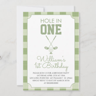 Sage Green Gingham Golf 1. Geburtstag Einladung