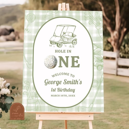 Sage Green Gingham Golf 1st Birthday Welcome Sign Poster