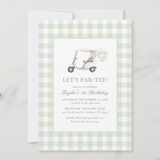 Sage Green Gingham Golf Birthday Einladung (Vorderseite)