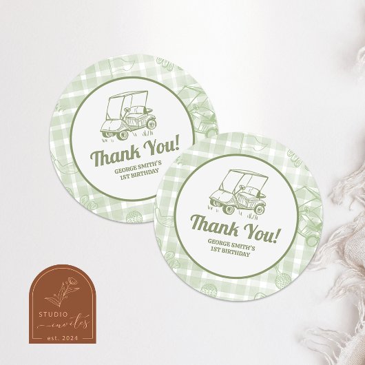 Sage Green Gingham Golf Birthday Thank You Sticker