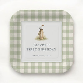 Sage Green Gingham Golf First Birthday Party Pappteller
