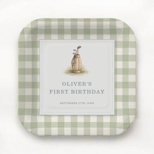 Sage Green Gingham Golf First Birthday Party Pappteller
