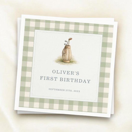 Sage Green Gingham Golf First Birthday Party Serviette