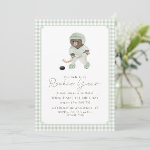 Sage Green Gingham Hockey Rookie-Jahr-Teddybär  Einladung