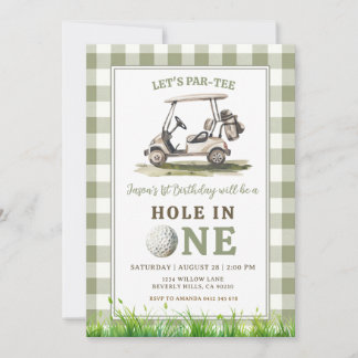 Sage Green Gingham Hole in One Golf Boy Birthday Einladung
