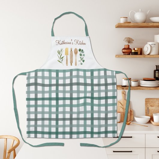 Sage Green Gingham Kariert Pattern Kitchen Utensil Schürze