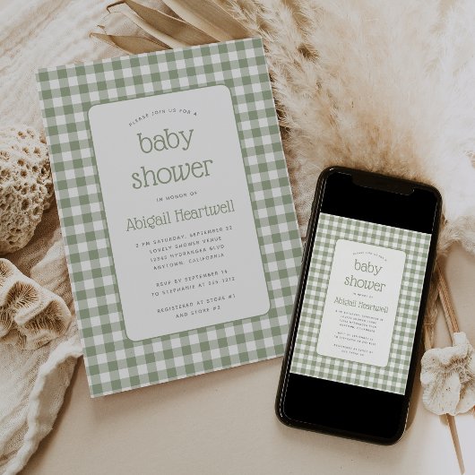 Sage Green Gingham Karo Babydusche Einladung