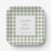 Sage Green Gingham Karo Rustic Baby Dusche Pappteller (Vorderseite)