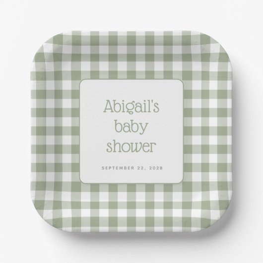 Sage Green Gingham Karo Rustic Baby Dusche Pappteller (Vorderseite)