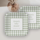 Sage Green Gingham Karo Rustic Baby Dusche Pappteller